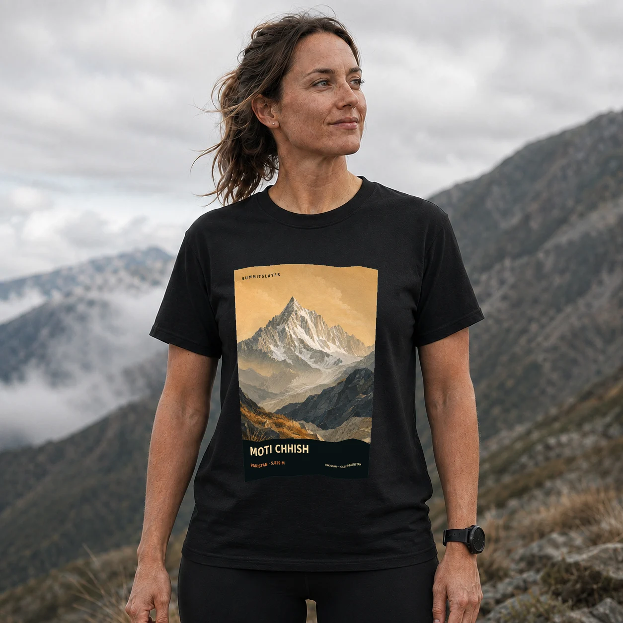 Black Moti Chhish T-shirt front with mountain artwork