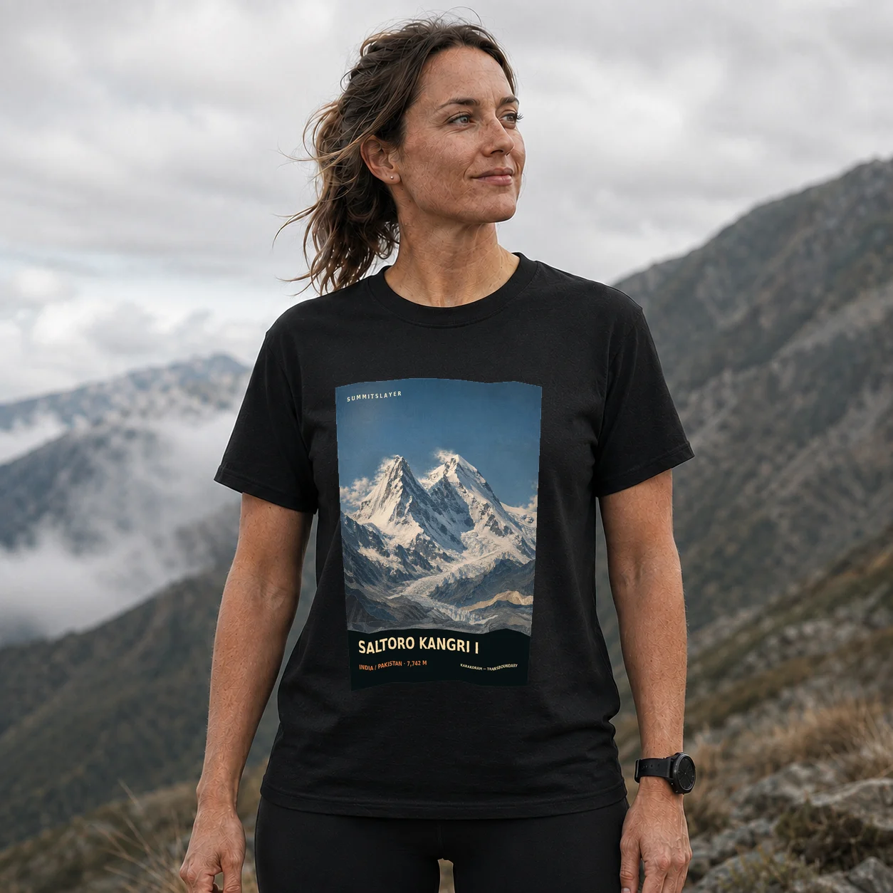 Black Saltoro Kangri I T-shirt front with mountain artwork