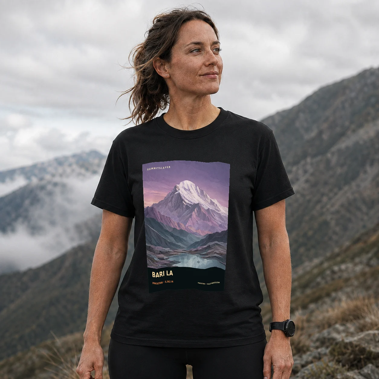 Black Bari La T-shirt front with mountain artwork