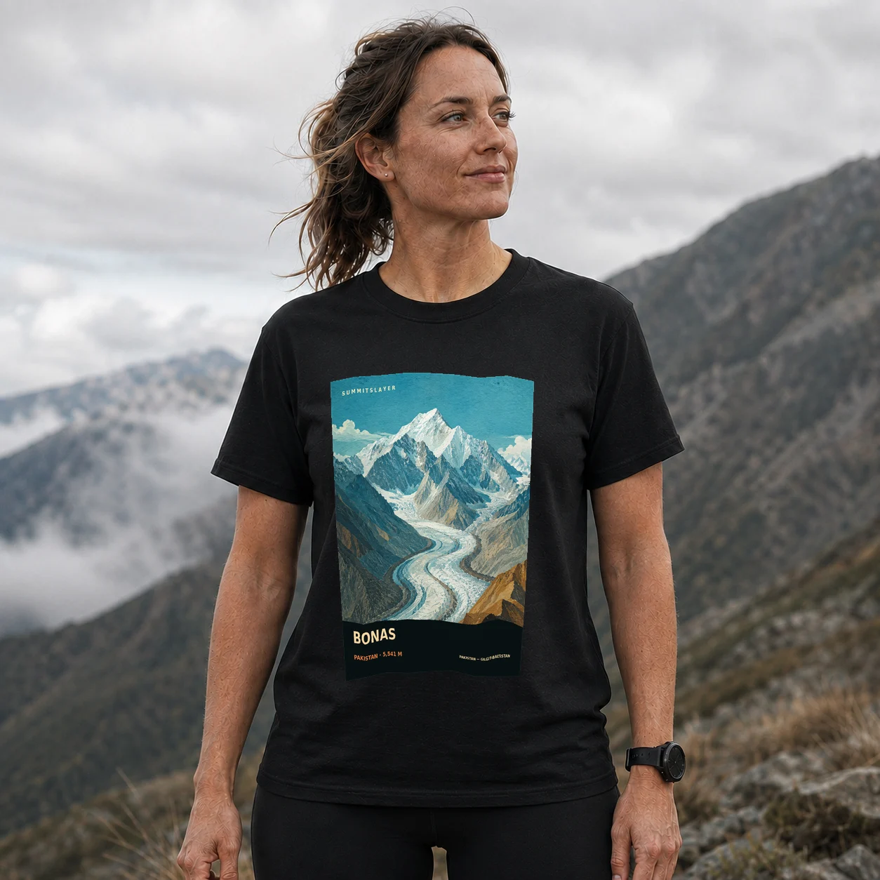 Black Bonas T-shirt front with mountain artwork