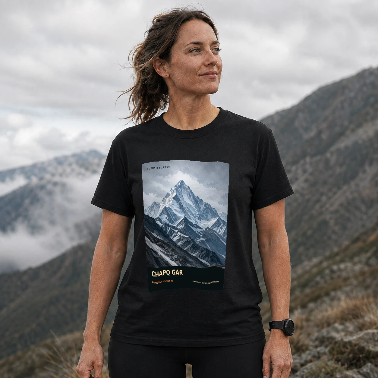 Black Chapq Gar T-shirt front with mountain artwork