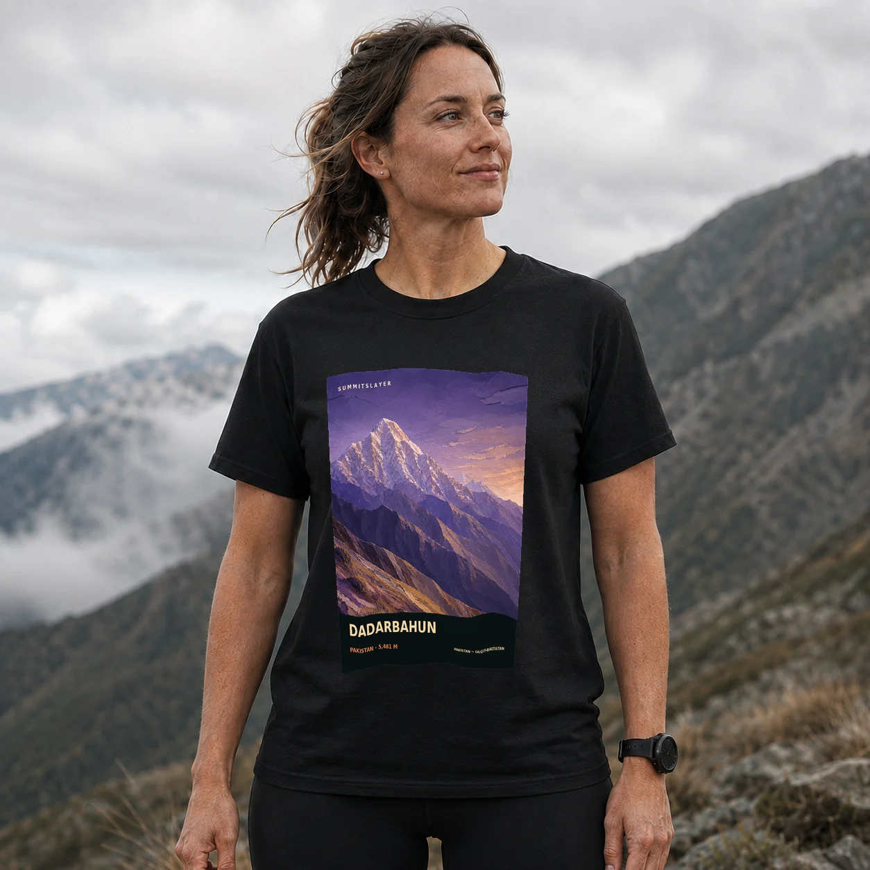 Black Dadarbahun T-shirt front with mountain artwork