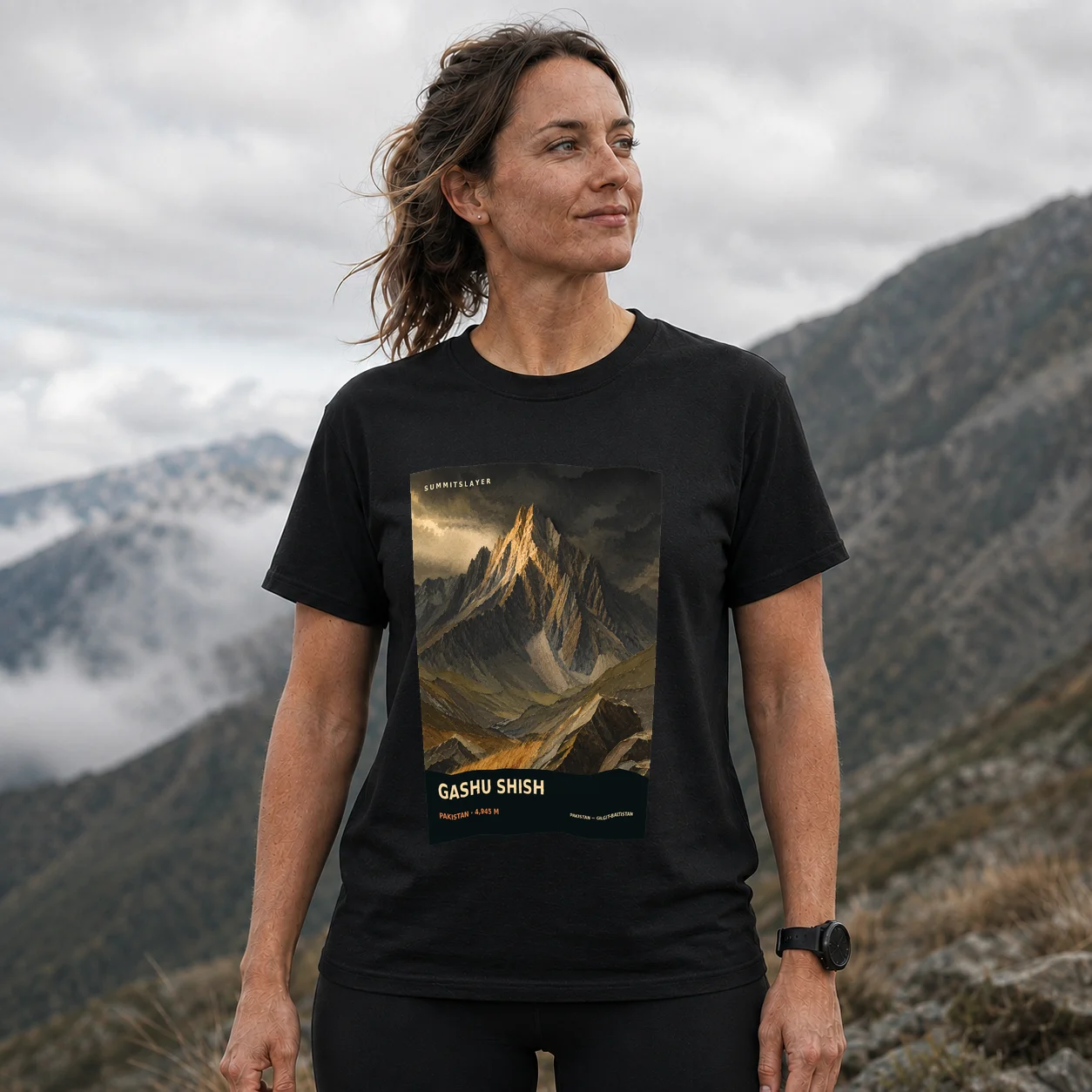 Black Gashu Shish T-shirt front with mountain artwork