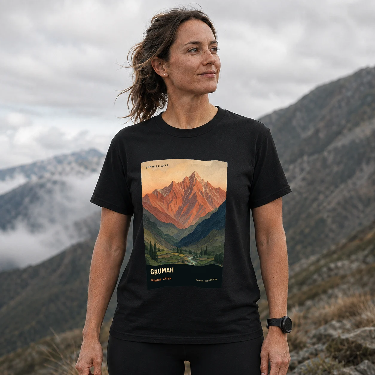 Black Grumah T-shirt front with mountain artwork
