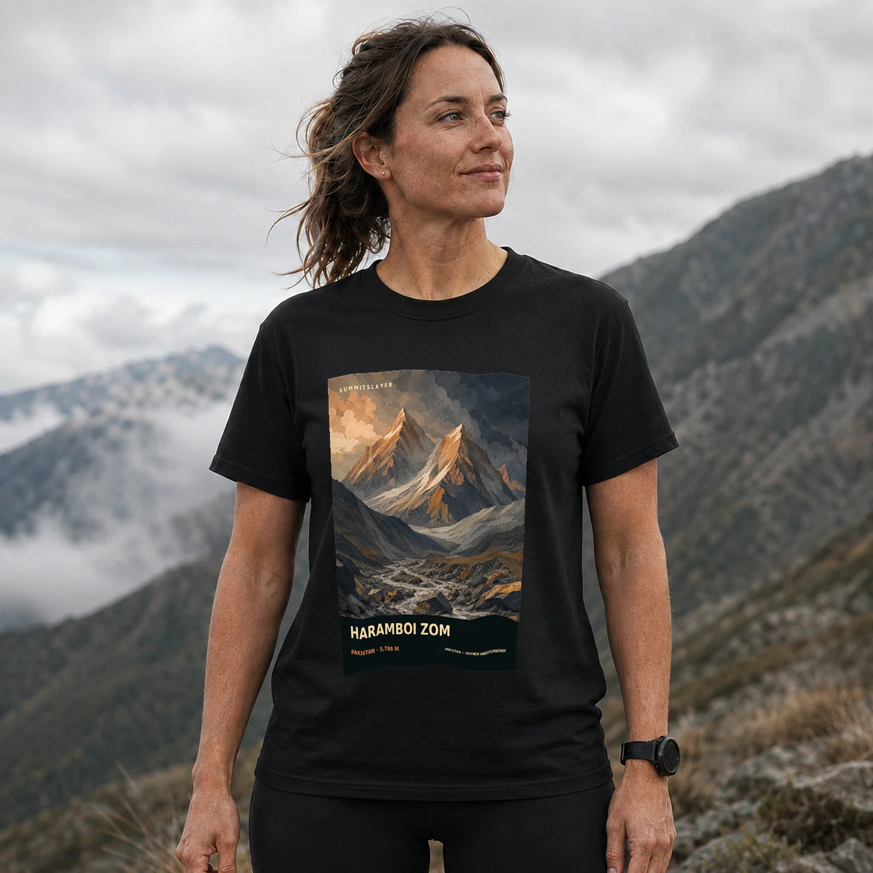 Black Haramboi Zom T-shirt front with mountain artwork