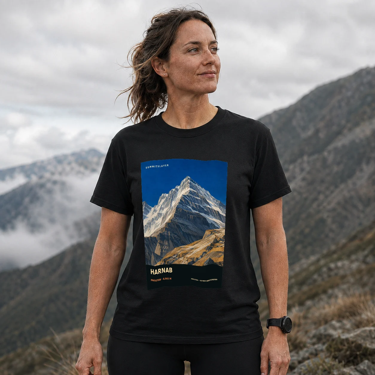 Black Harnab T-shirt front with mountain artwork