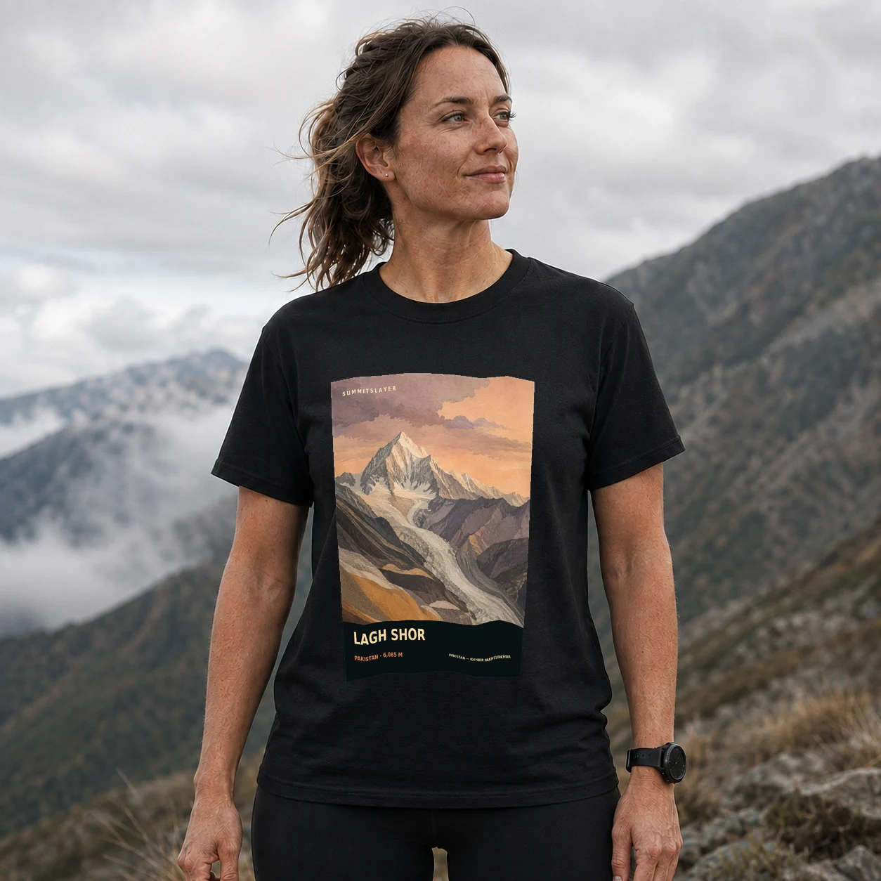 Black Lagh Shor T-shirt front with mountain artwork