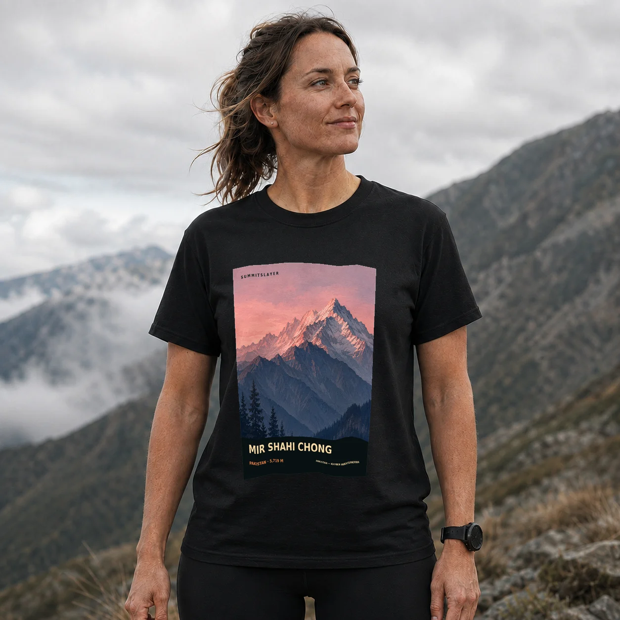 Black Mir Shahi Chong T-shirt front with mountain artwork