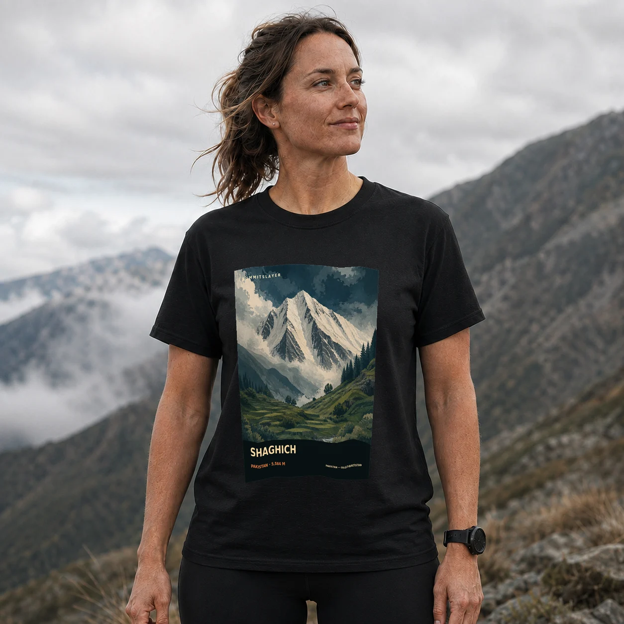 Black Shaghich T-shirt front with mountain artwork