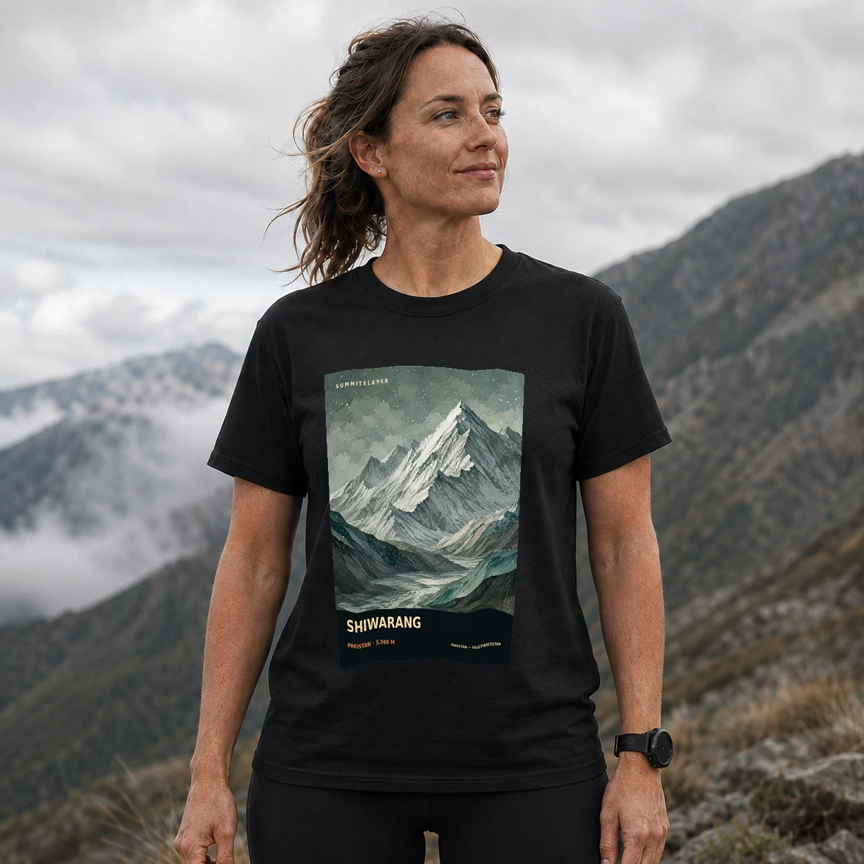 Black Shiwarang T-shirt front with mountain artwork