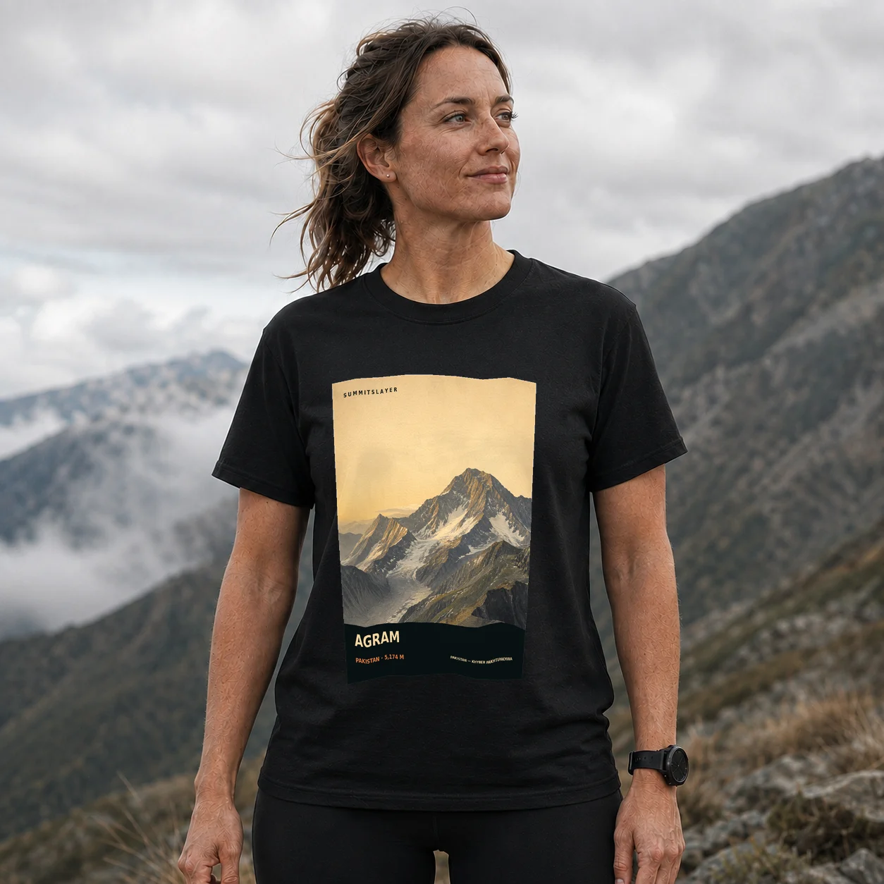 Black Agram T-shirt front with mountain artwork