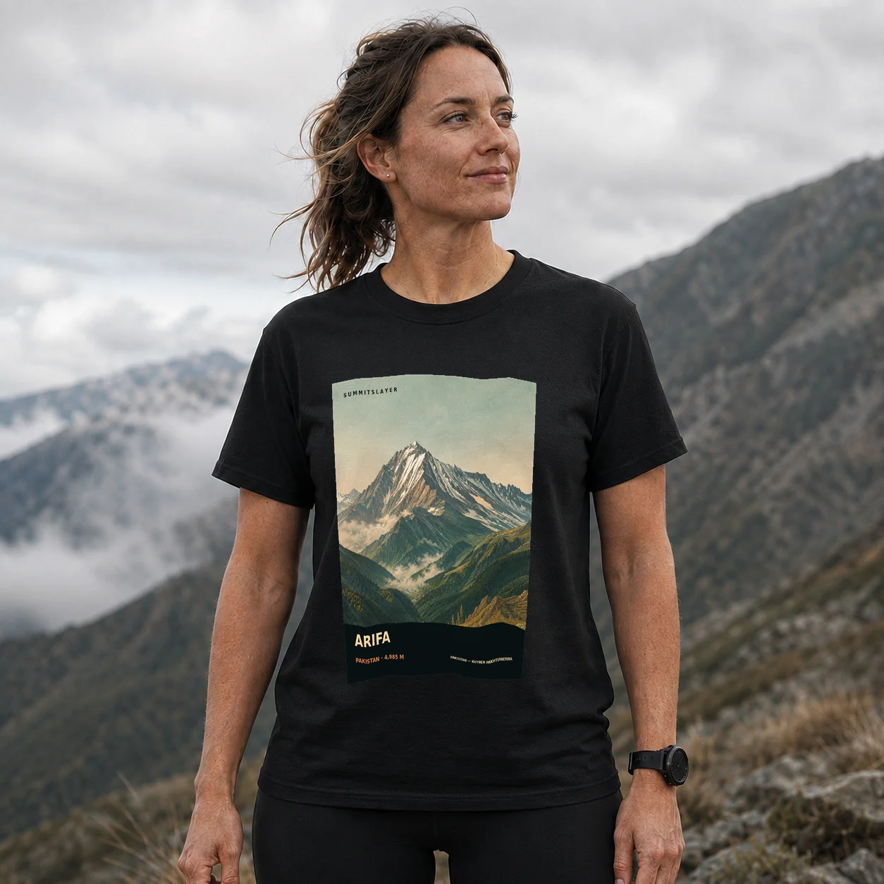Black Arifa T-shirt front with mountain artwork