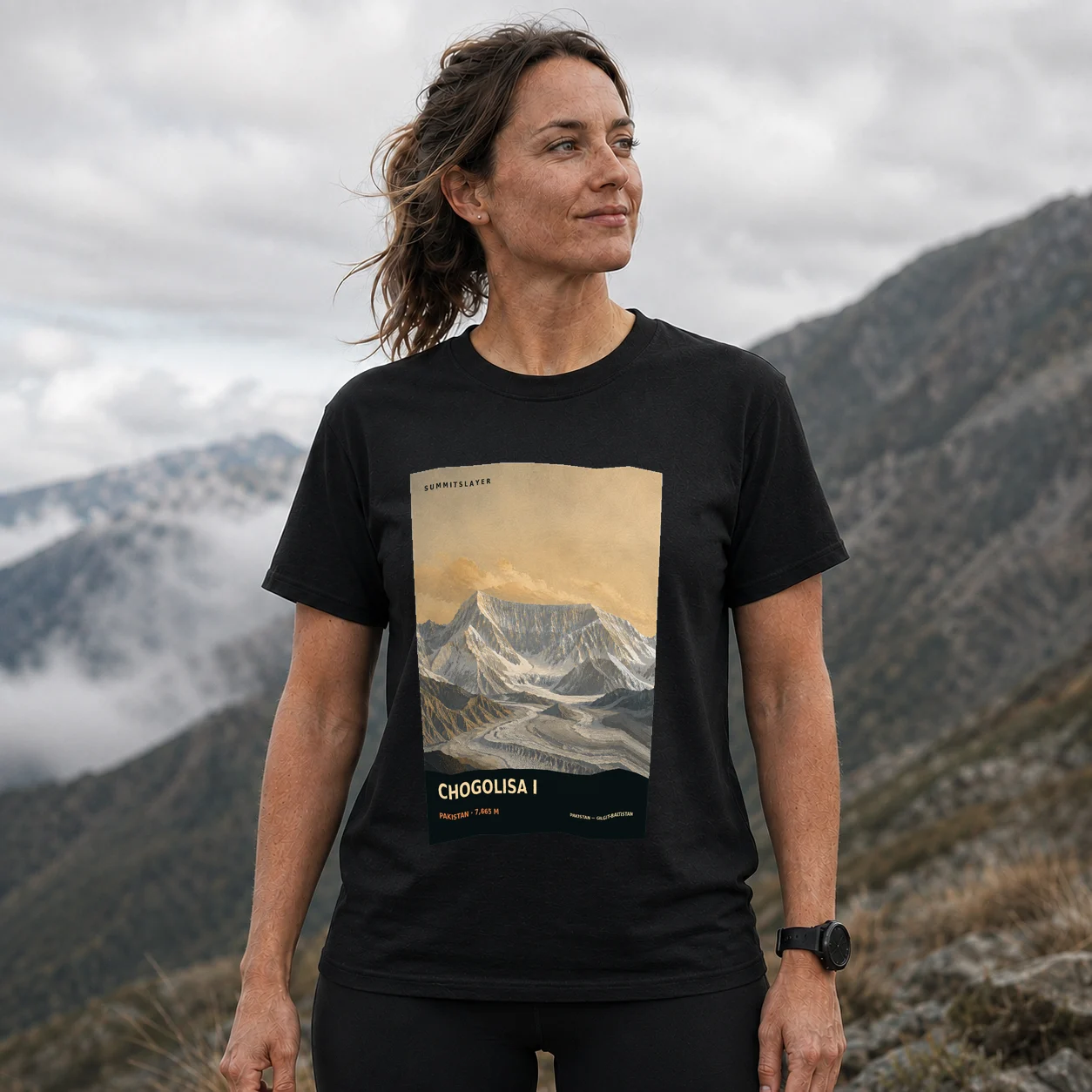 Black Chogolisa I T-shirt front with mountain artwork