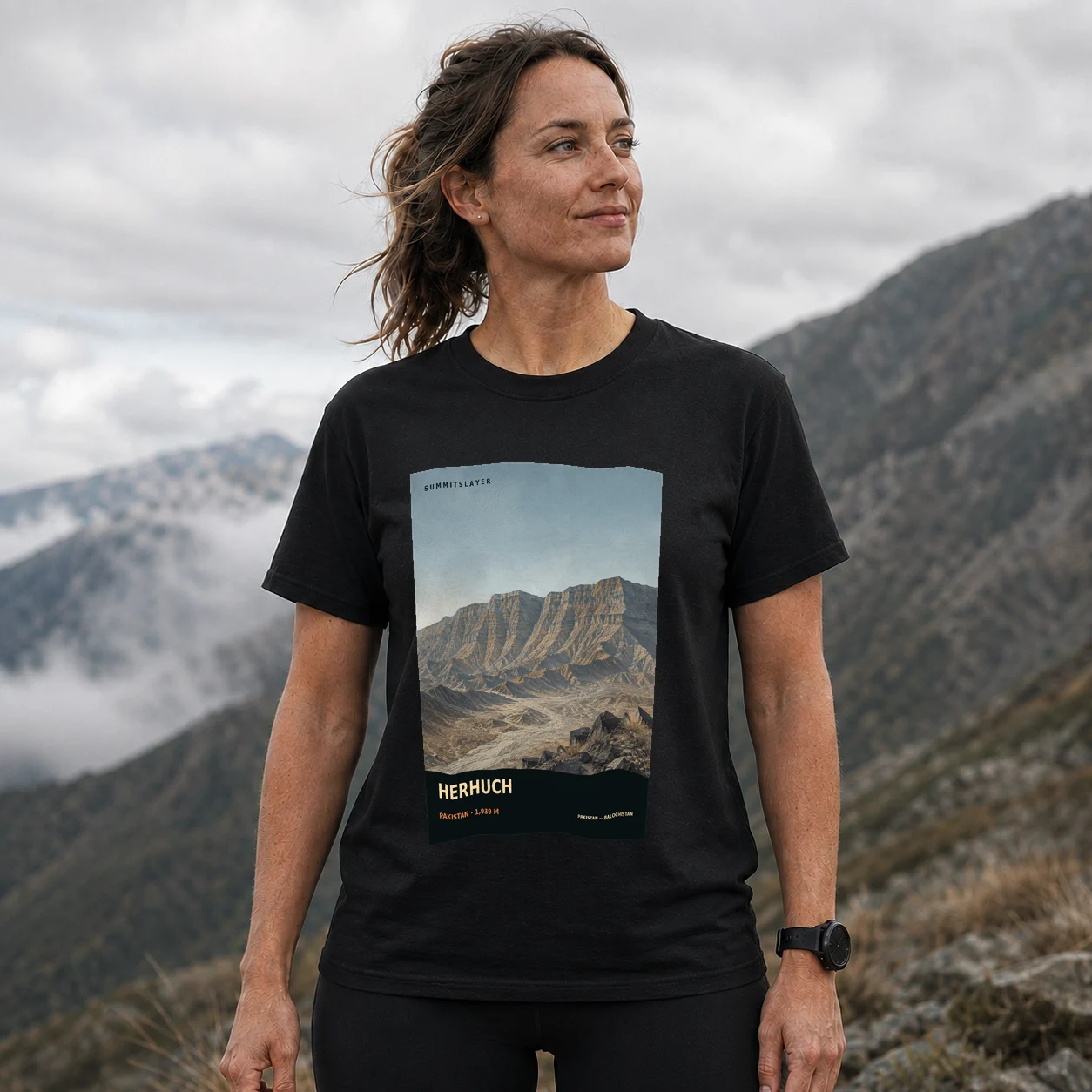 Black Herhuch T-shirt front with mountain artwork