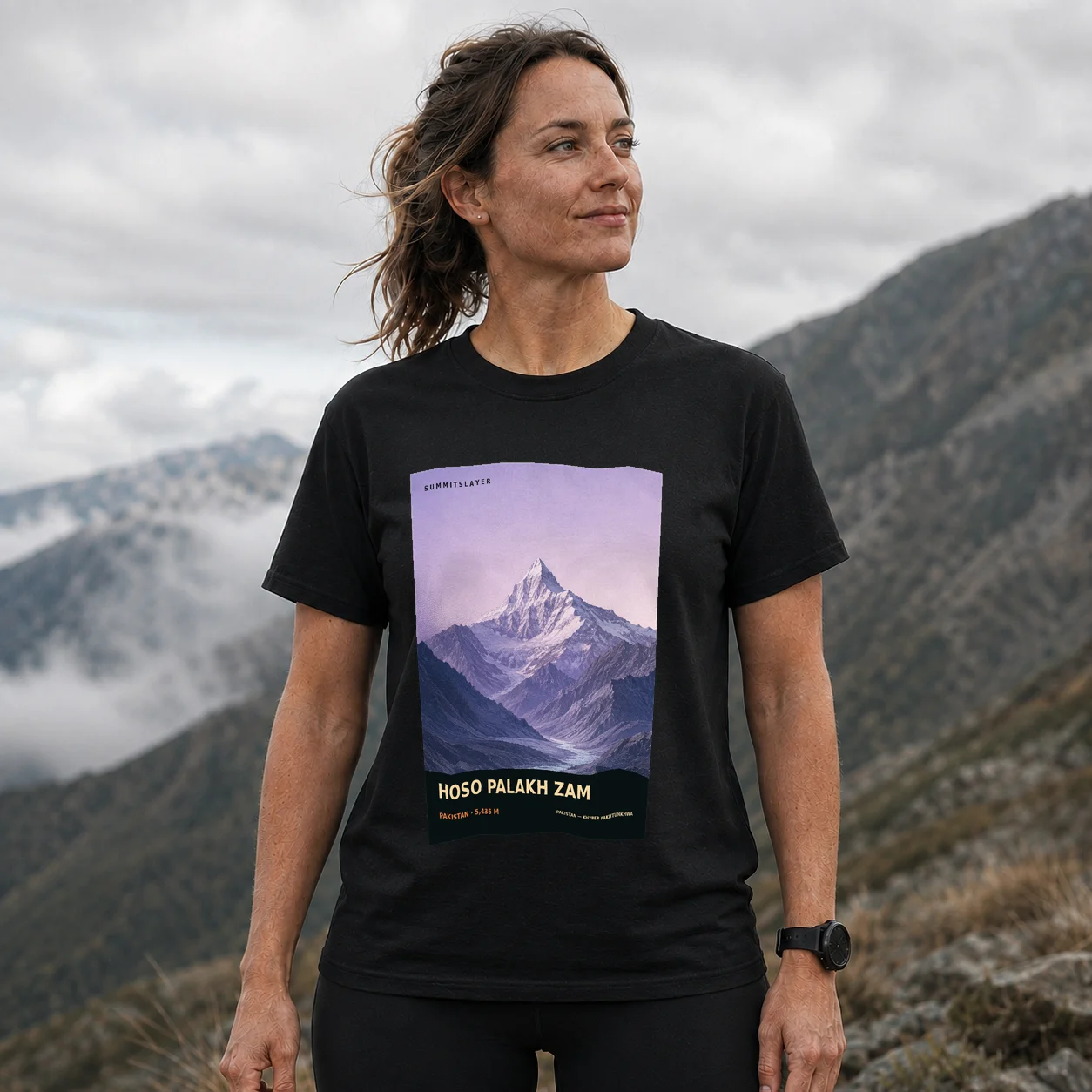 Black Hoso Palakh Zam T-shirt front with mountain artwork