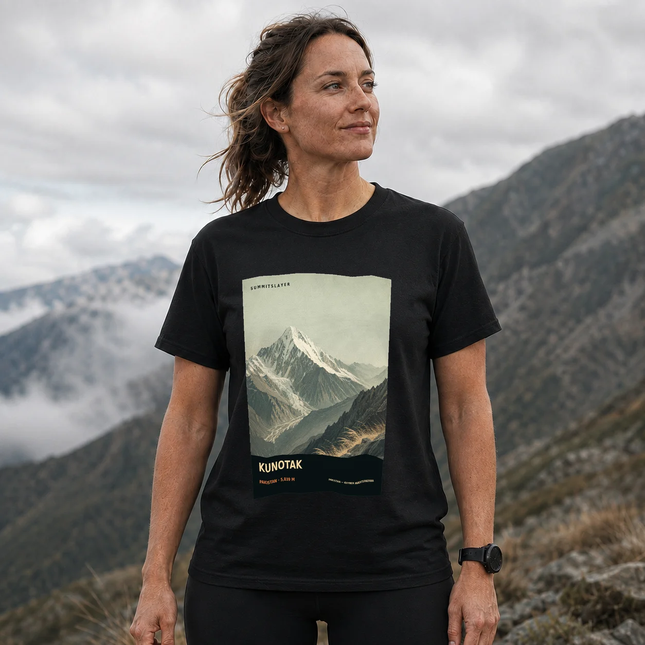 Black Kunotak T-shirt front with mountain artwork