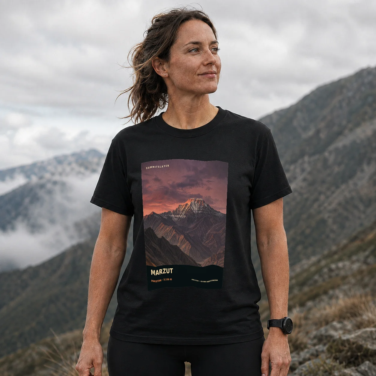 Black Marzut T-shirt front with mountain artwork