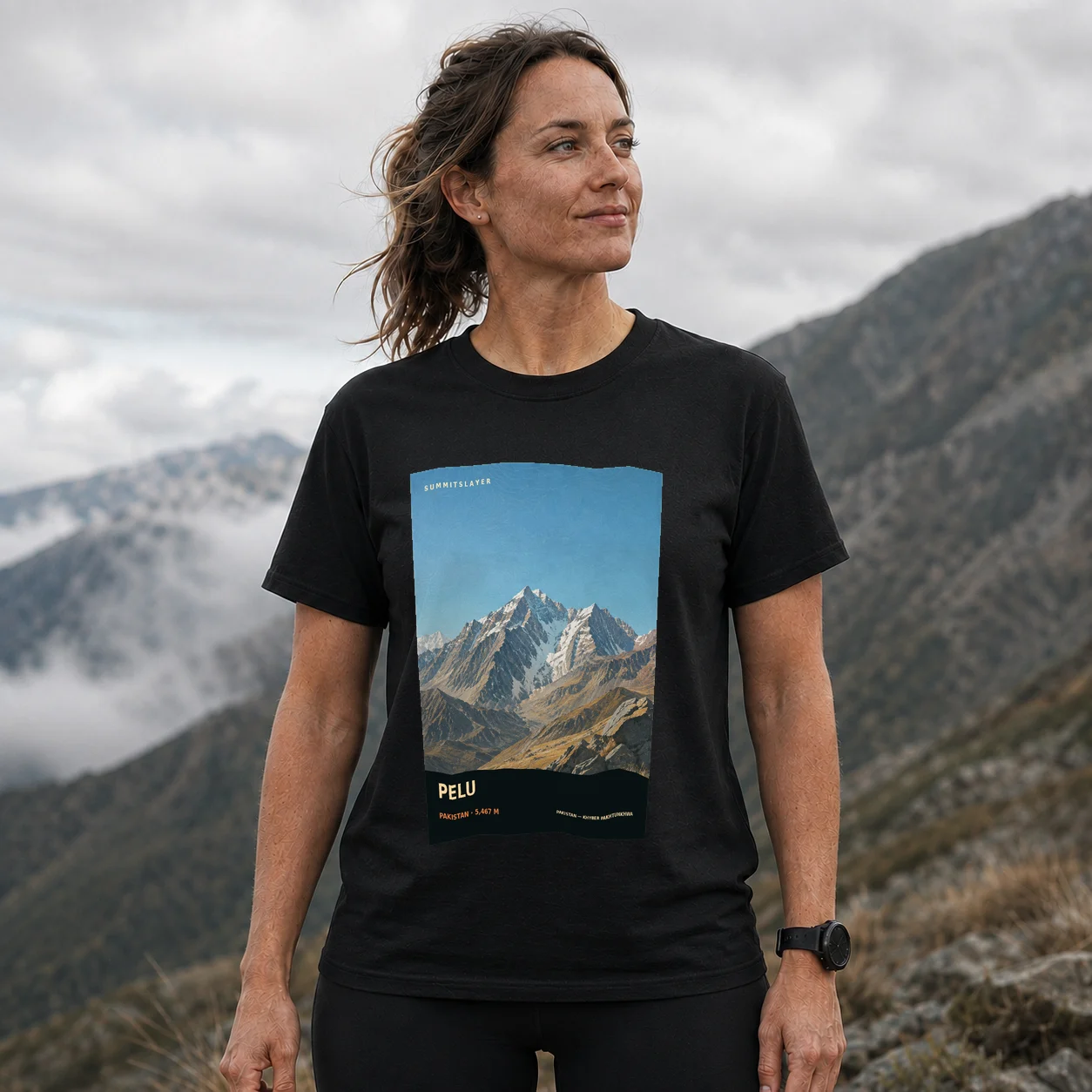 Black Pelu T-shirt front with mountain artwork