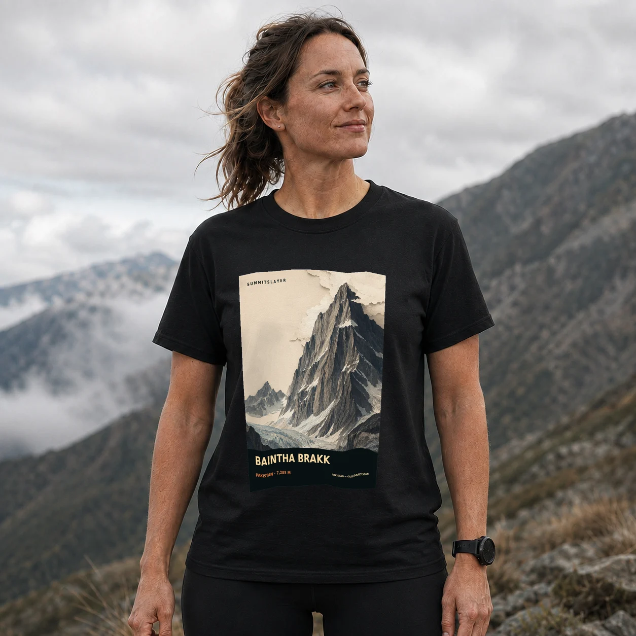 Black Baintha Brakk T-shirt front with mountain artwork