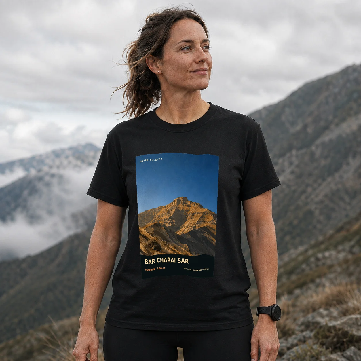 Black Bar Charai Sar T-shirt front with mountain artwork