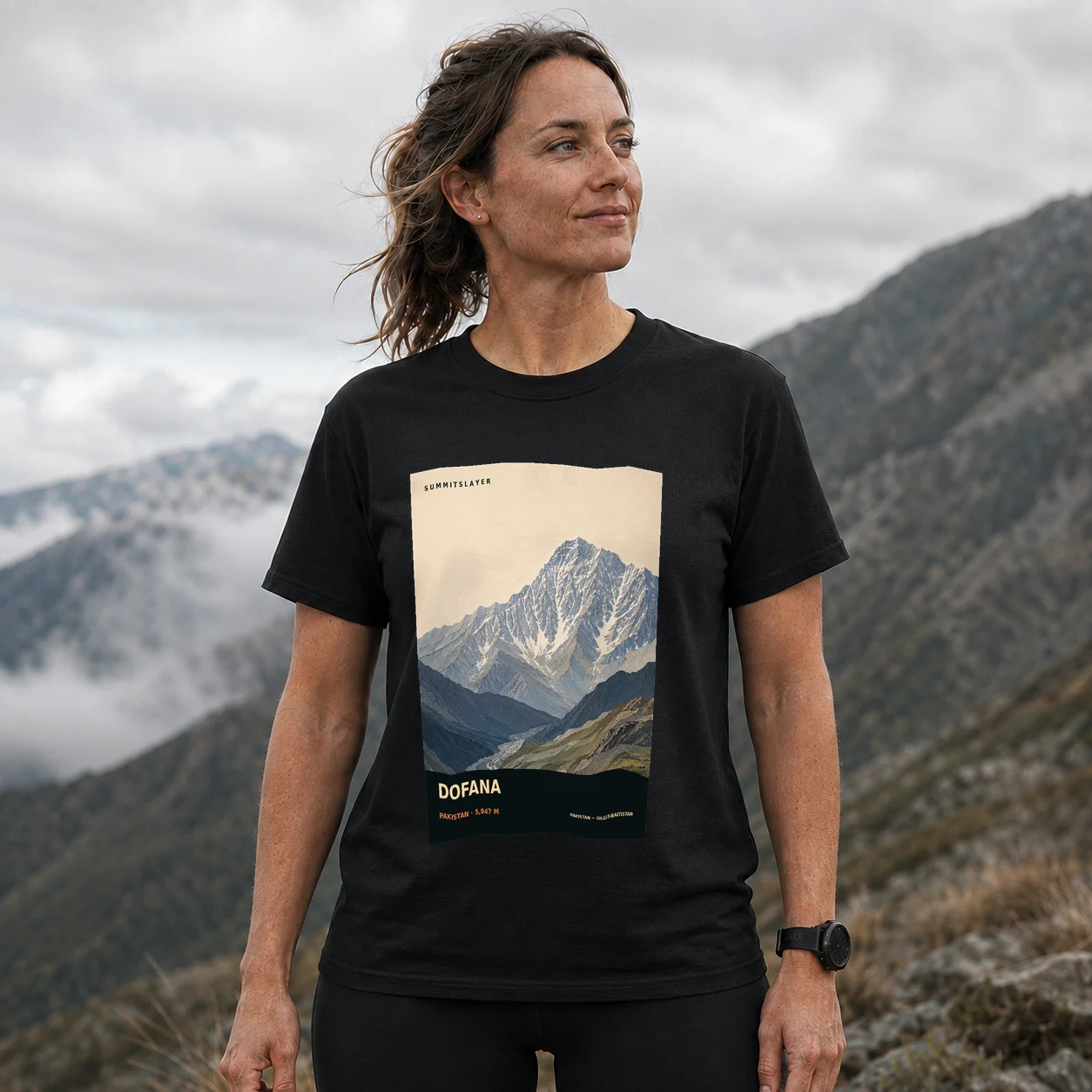 Black Dofana T-shirt front with mountain artwork