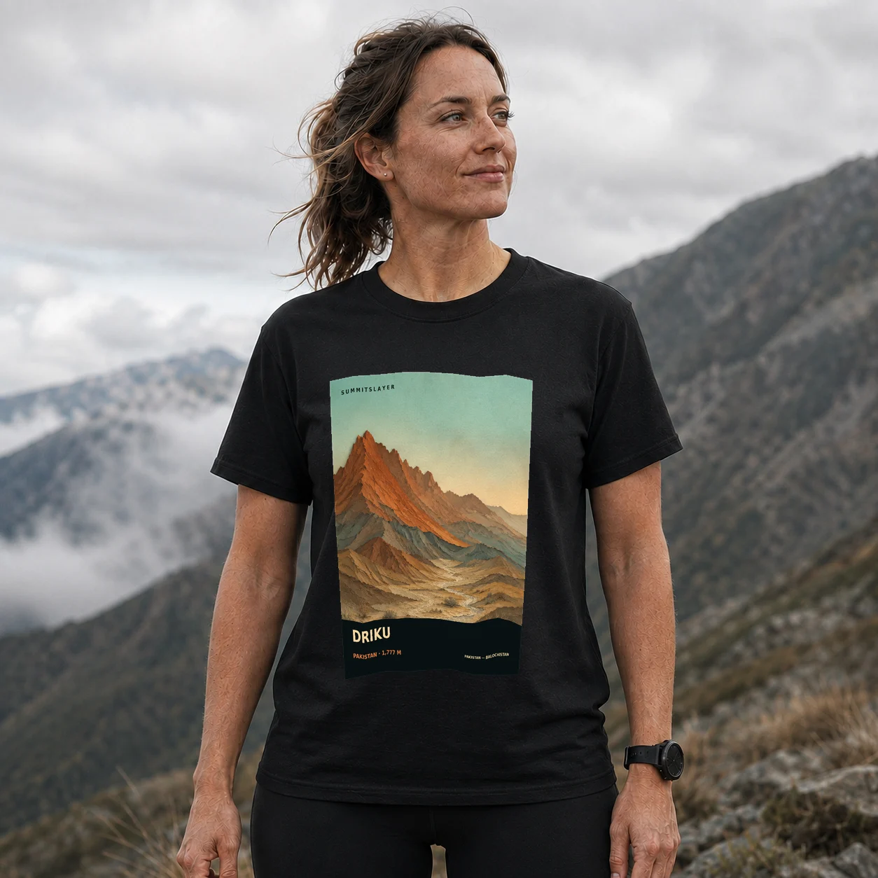 Black Driku T-shirt front with mountain artwork