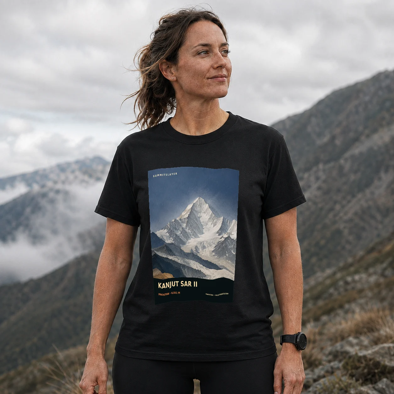 Black Kanjut Sar II T-shirt front with mountain artwork