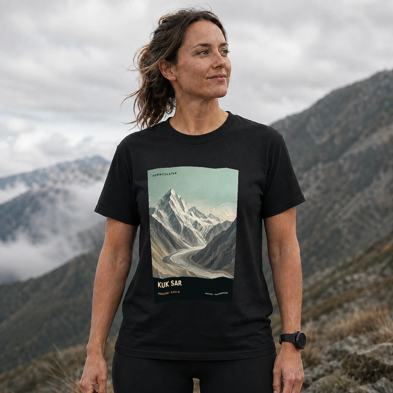 Black Kuk Sar T-shirt front with mountain artwork