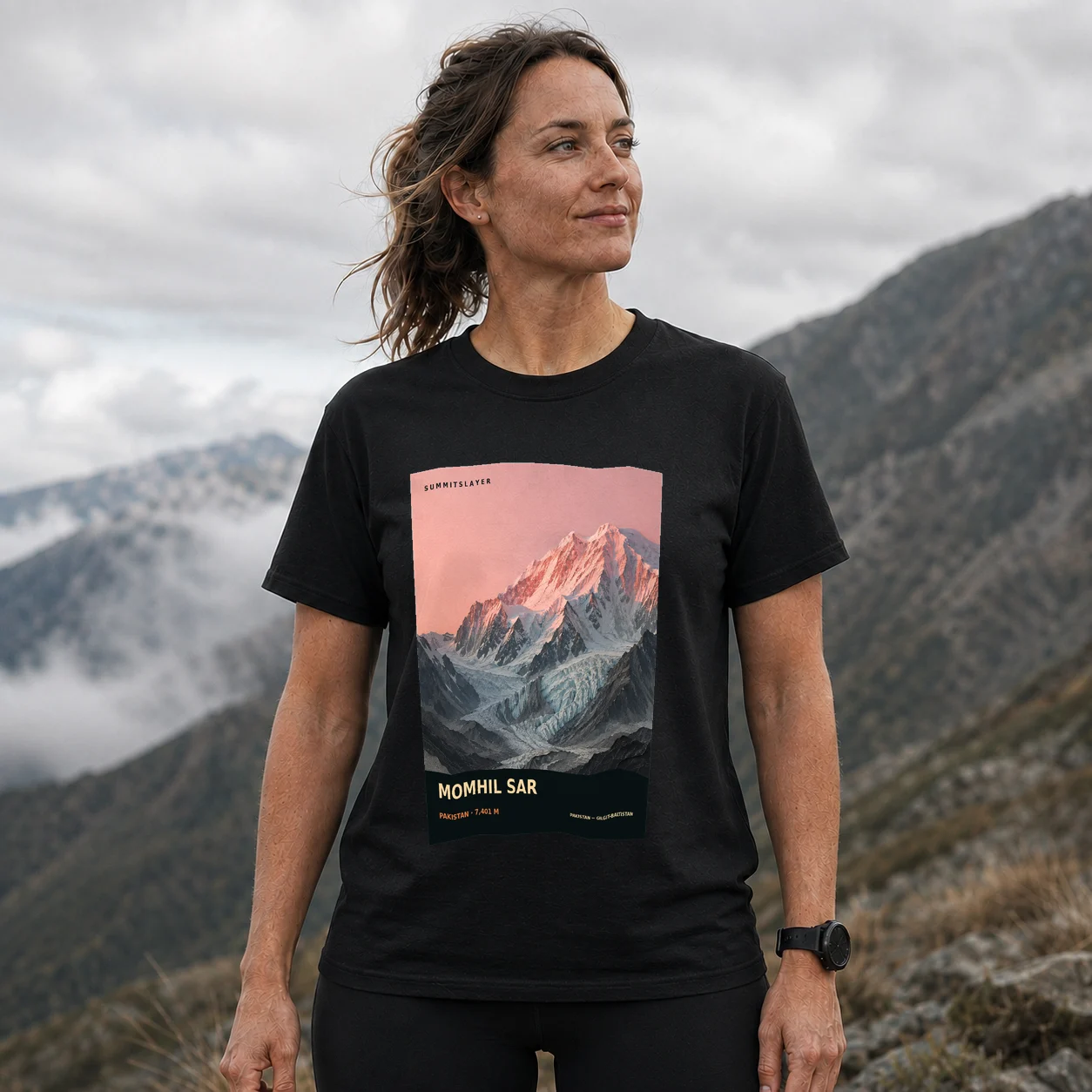 Black Momhil Sar T-shirt front with mountain artwork
