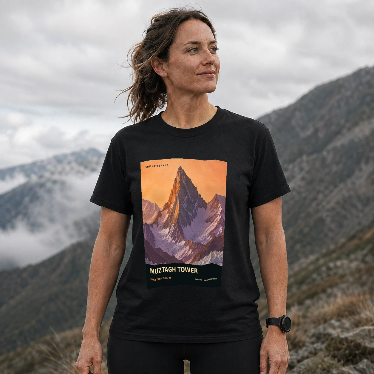 Black Muztagh Tower T-shirt front with mountain artwork