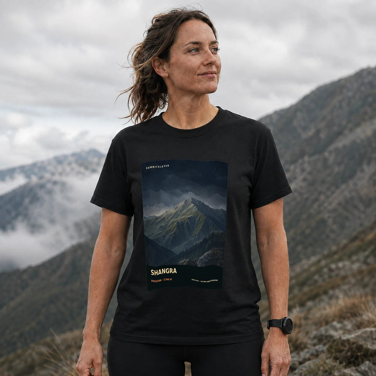 Black Shangra T-shirt front with mountain artwork