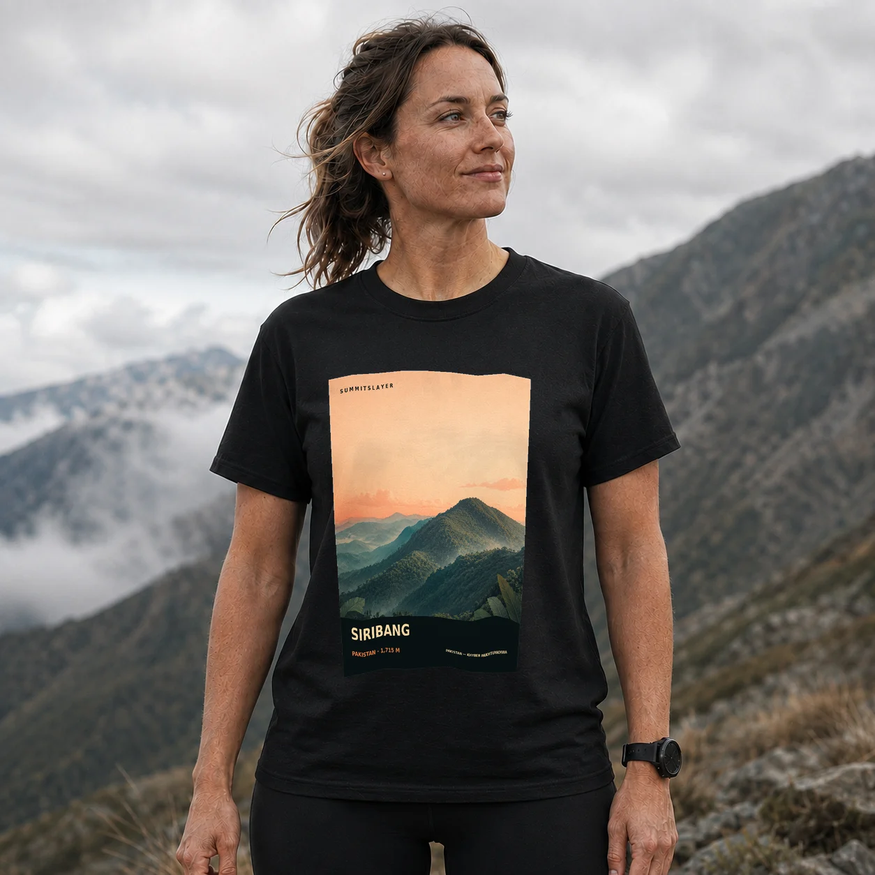 Black Siribang T-shirt front with mountain artwork