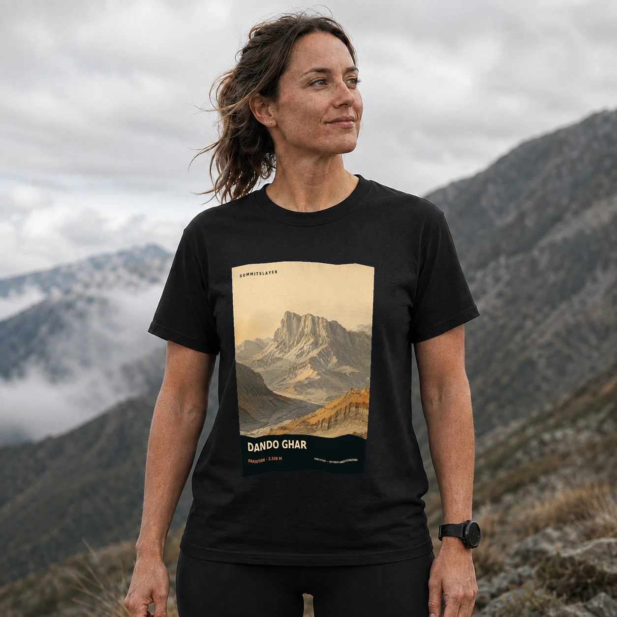 Black Dando Ghar T-shirt front with mountain artwork