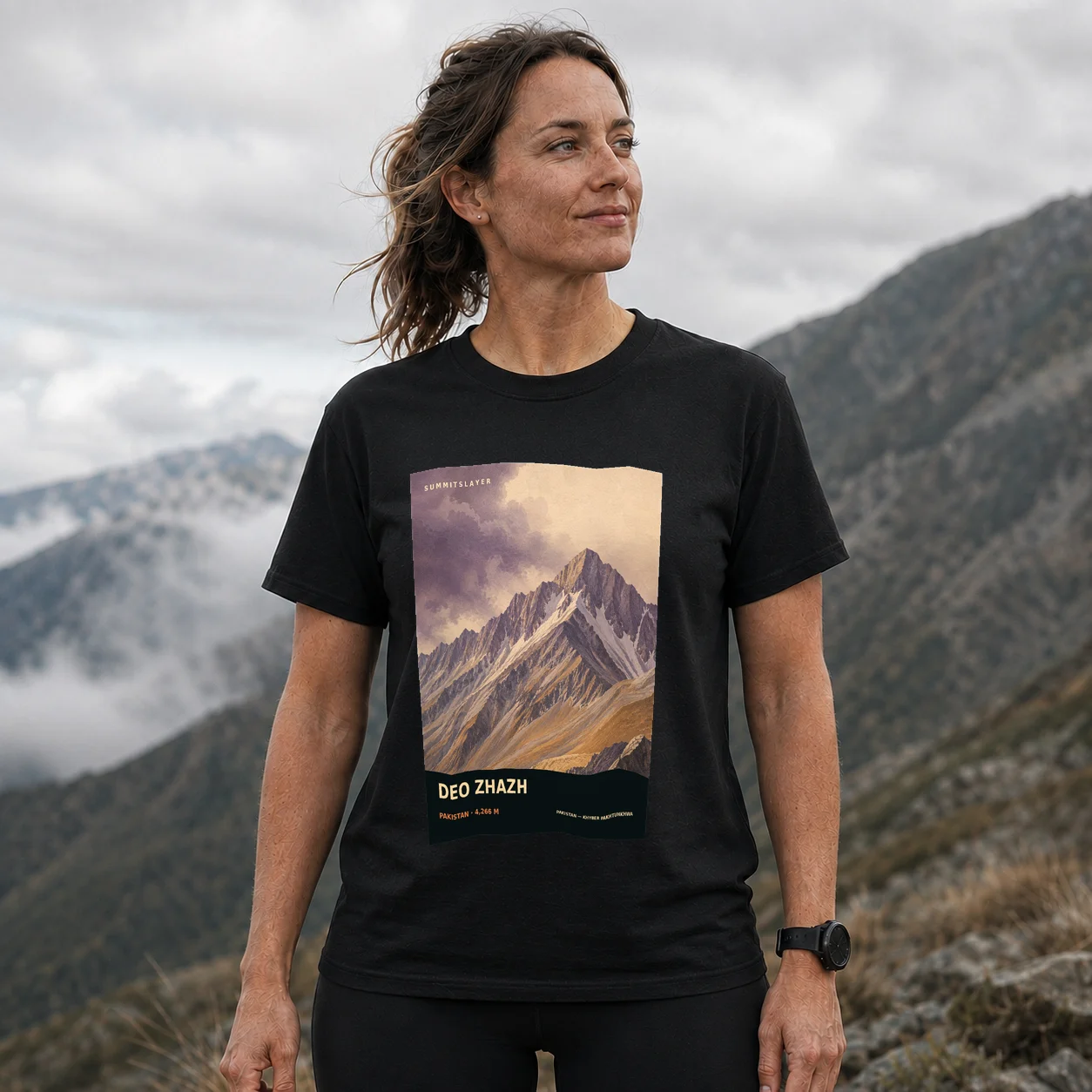 Black Deo Zhazh T-shirt front with mountain artwork