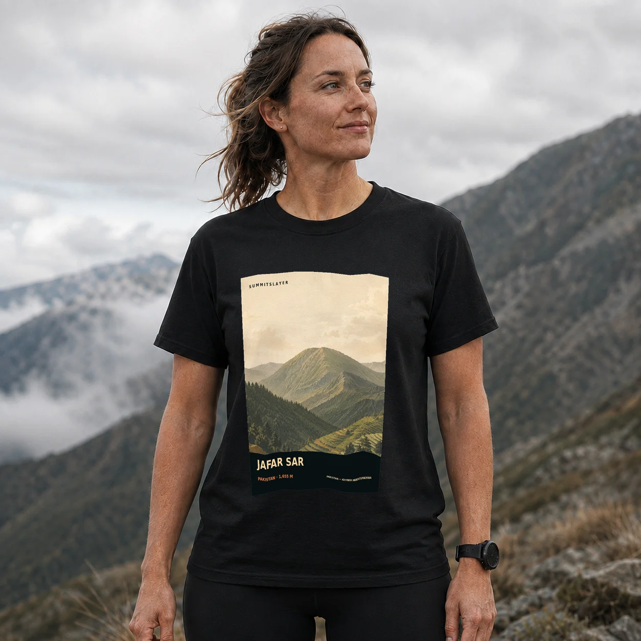 Black Jafar Sar T-shirt front with mountain artwork