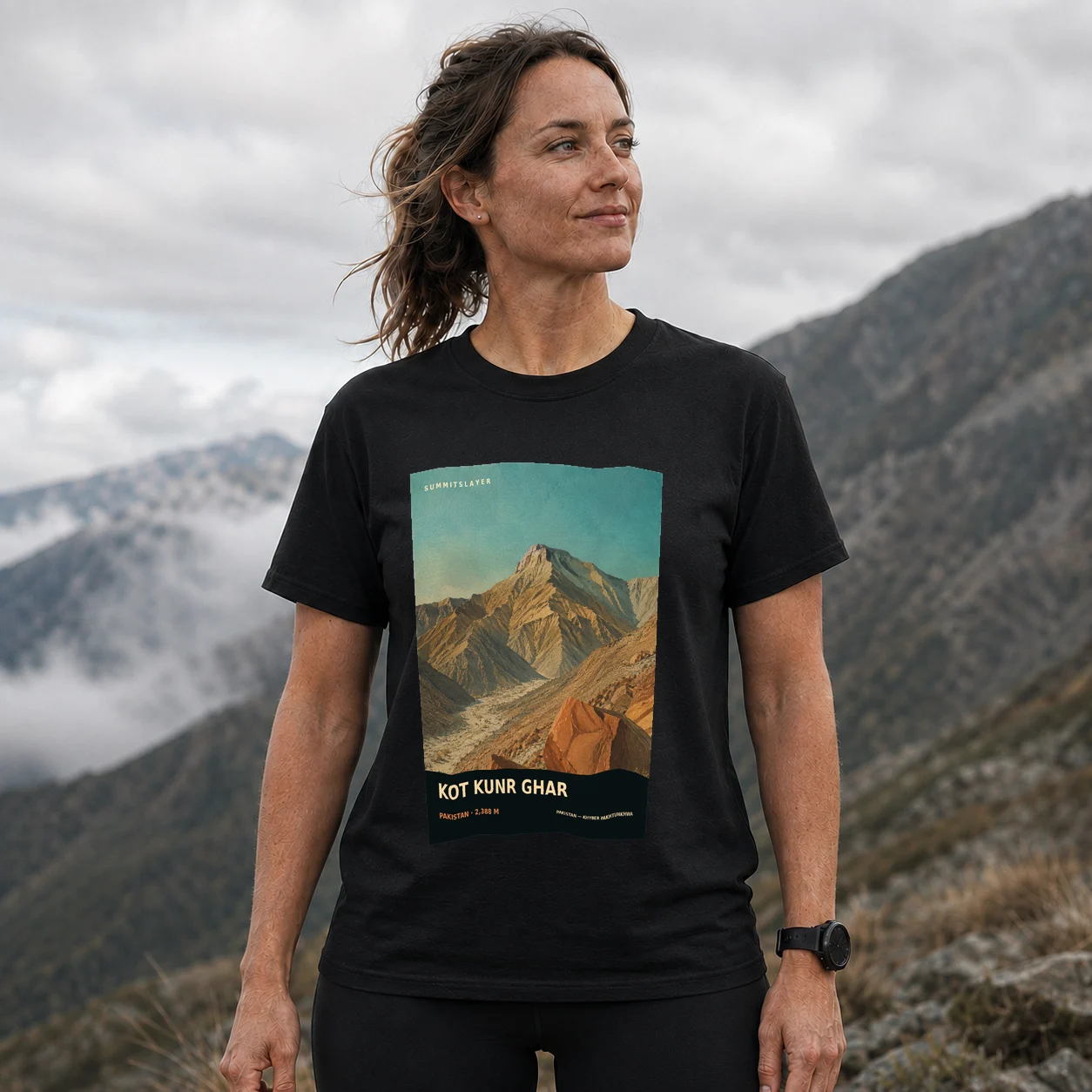 Black Kot Kunr Ghar T-shirt front with mountain artwork