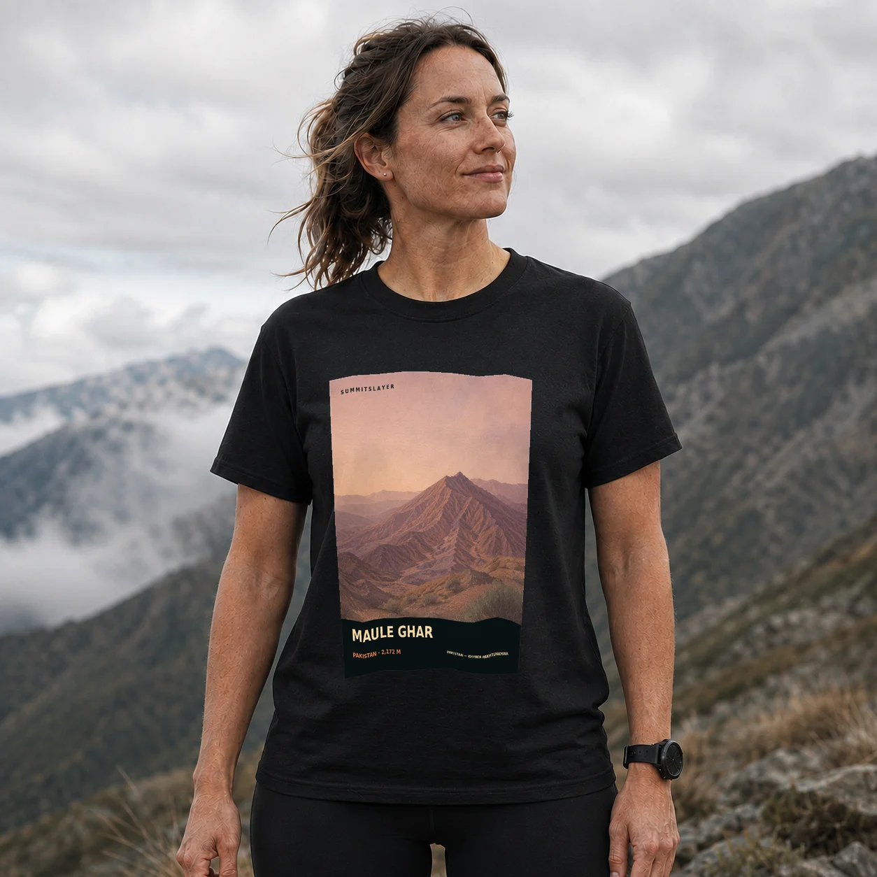 Black Maule Ghar T-shirt front with mountain artwork