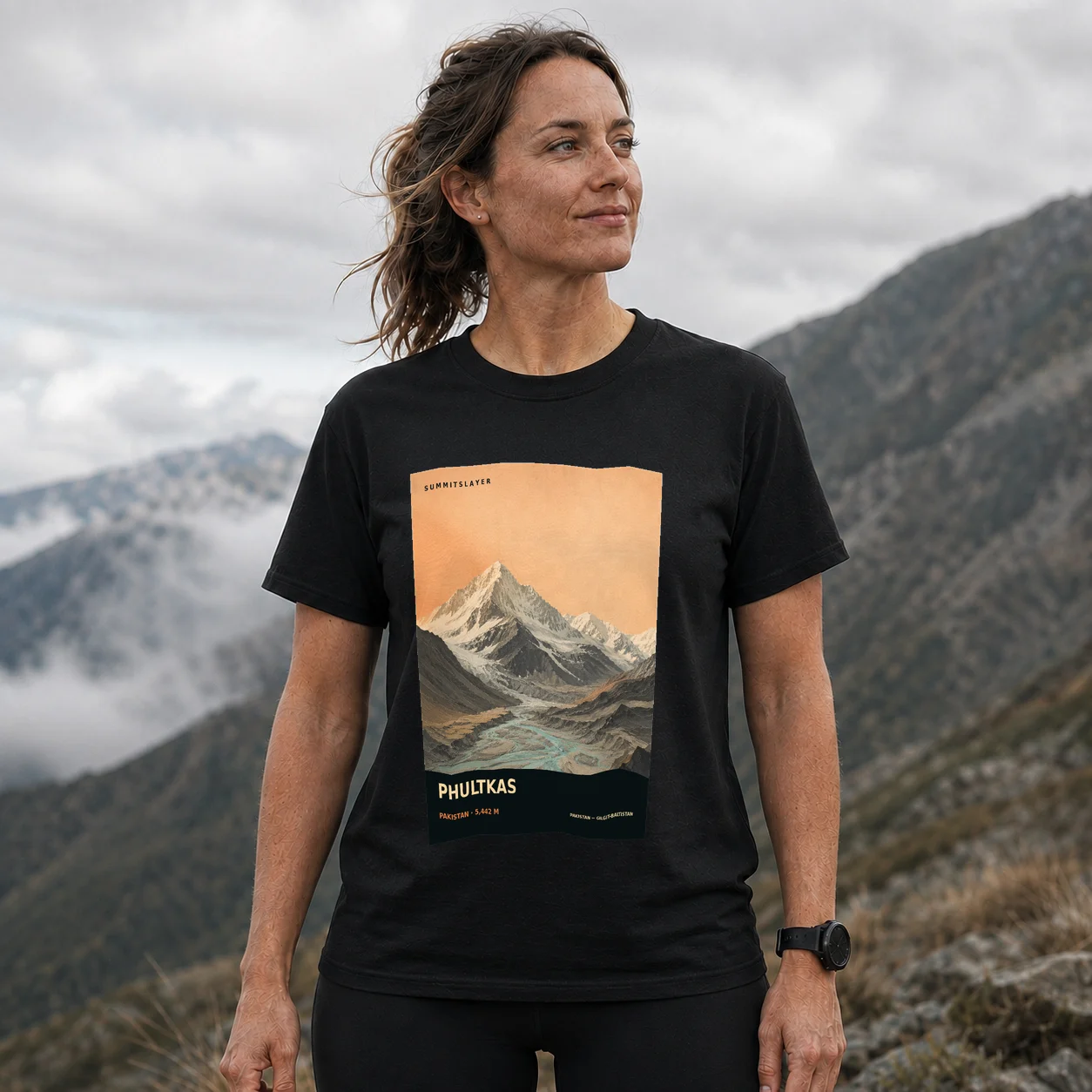 Black Phultkas T-shirt front with mountain artwork