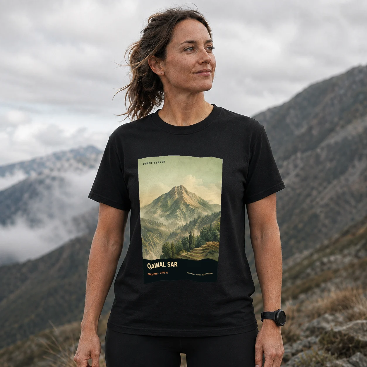 Black Qawal Sar T-shirt front with mountain artwork