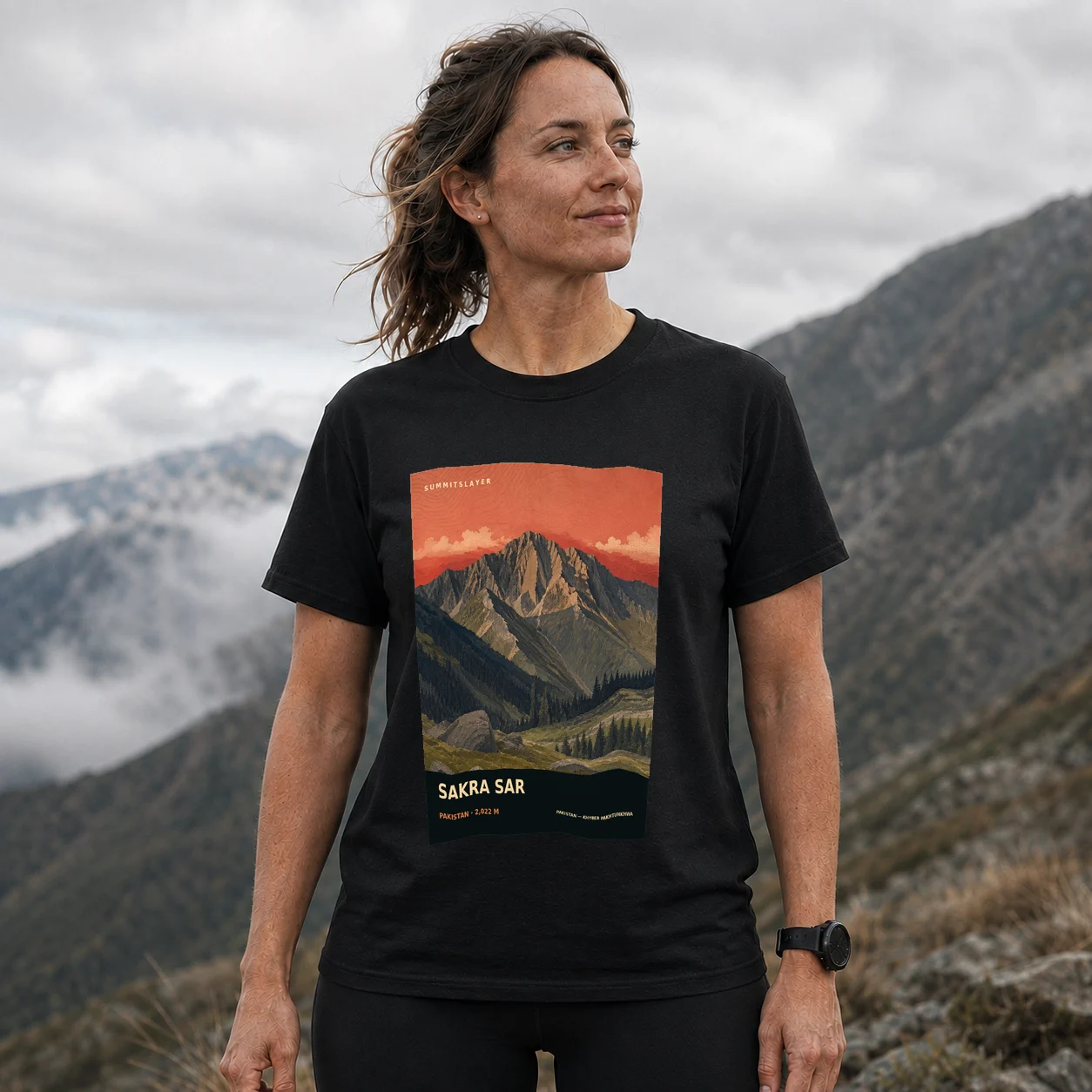 Black SAKRA SAR T-shirt front with mountain artwork