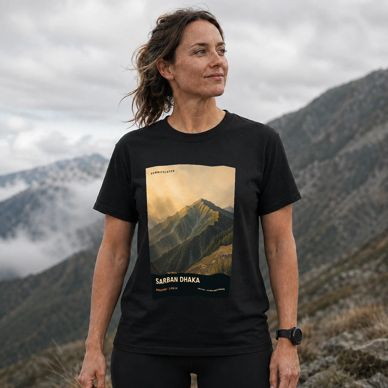 Black Sarban Dhaka T-shirt front with mountain artwork