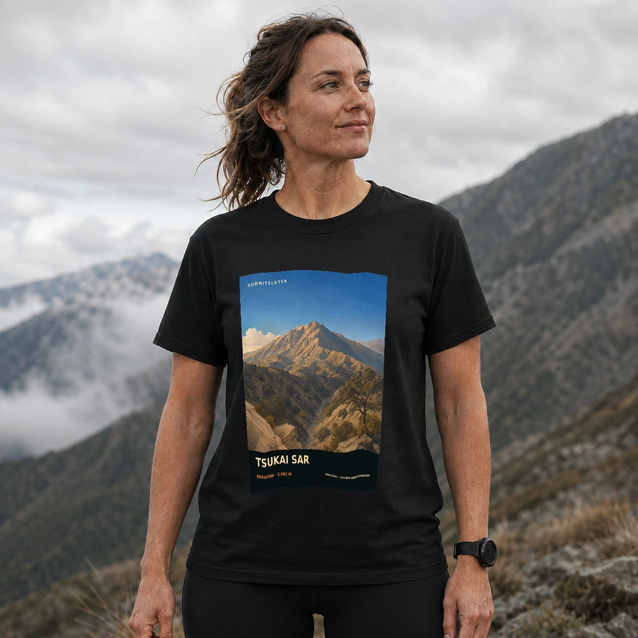 Black Tsukai Sar T-shirt front with mountain artwork