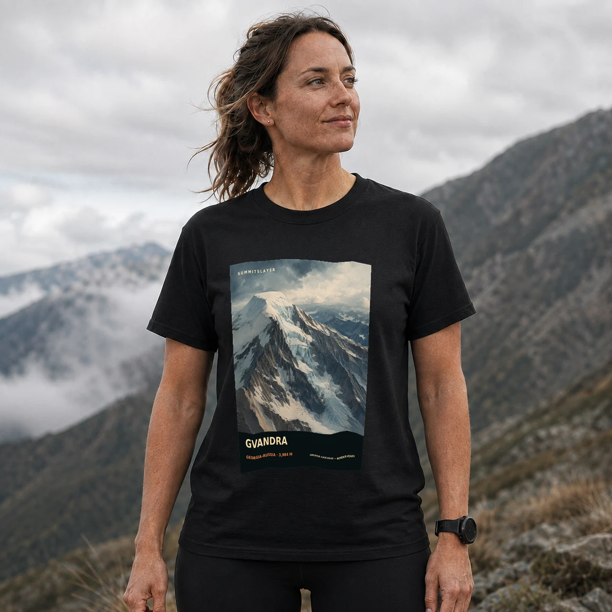 Black Gora Gvandra T-shirt front with mountain artwork