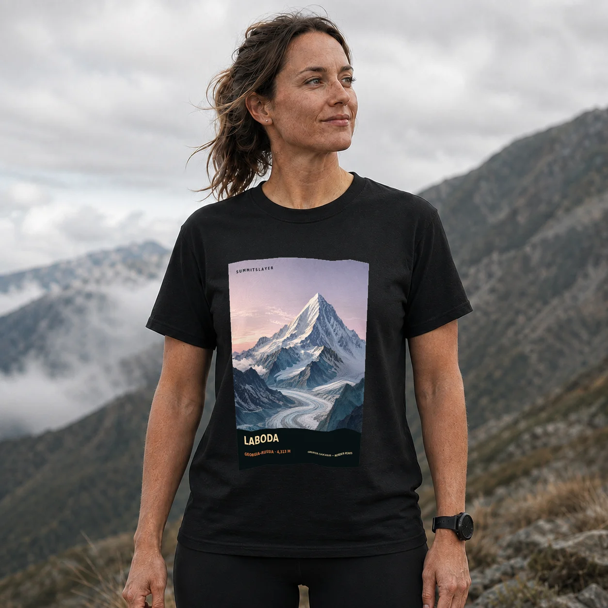 Black Gora Laboda T-shirt front with mountain artwork