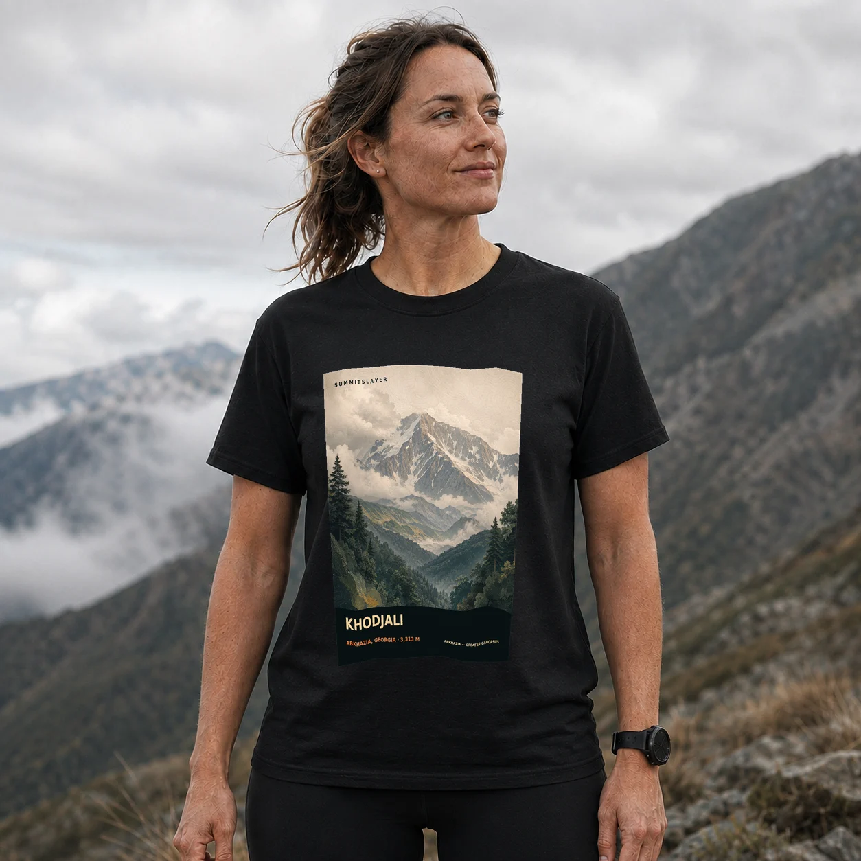 Black Mta Khojali T-shirt front with mountain artwork