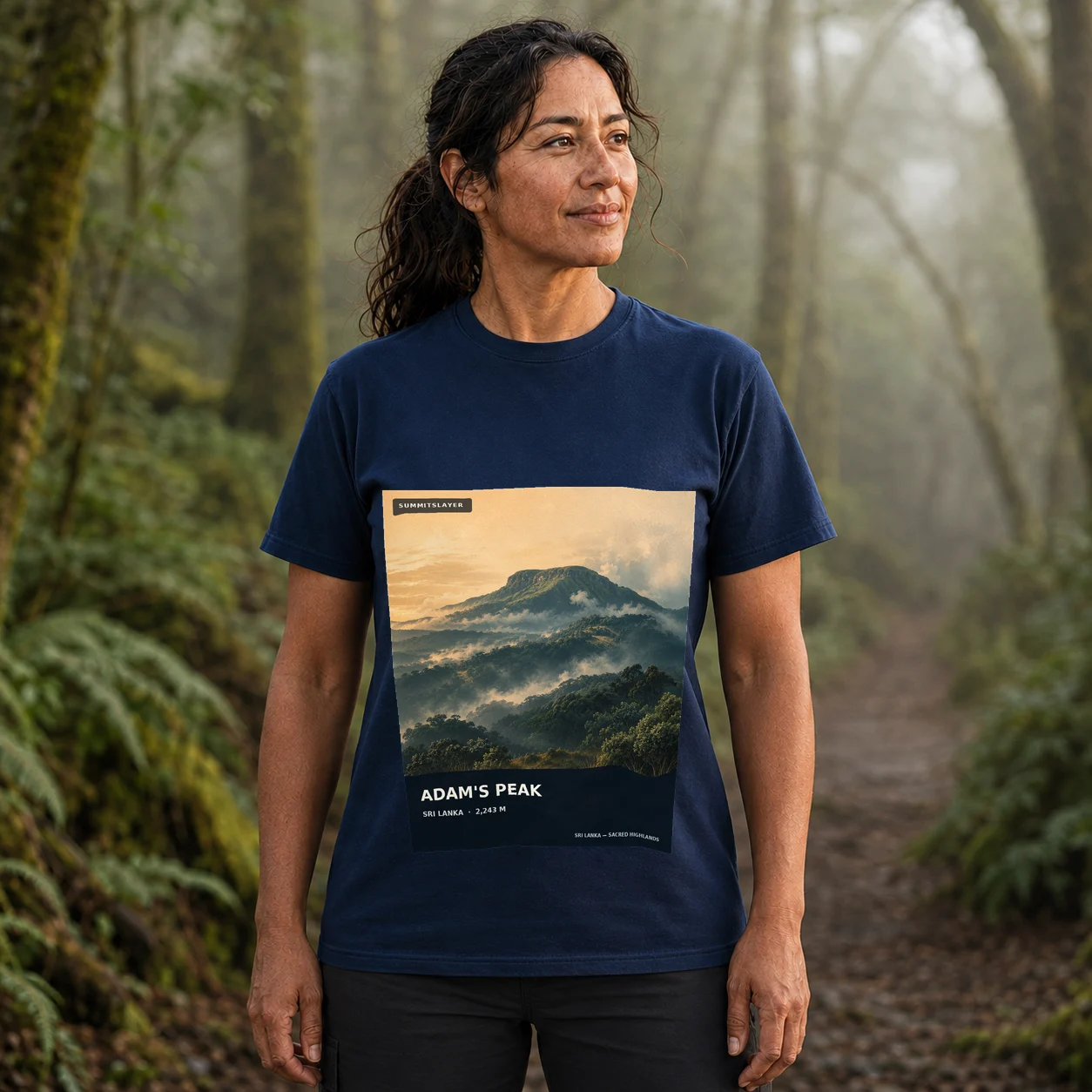 Navy Adam’s Peak T-shirt front with mountain artwork