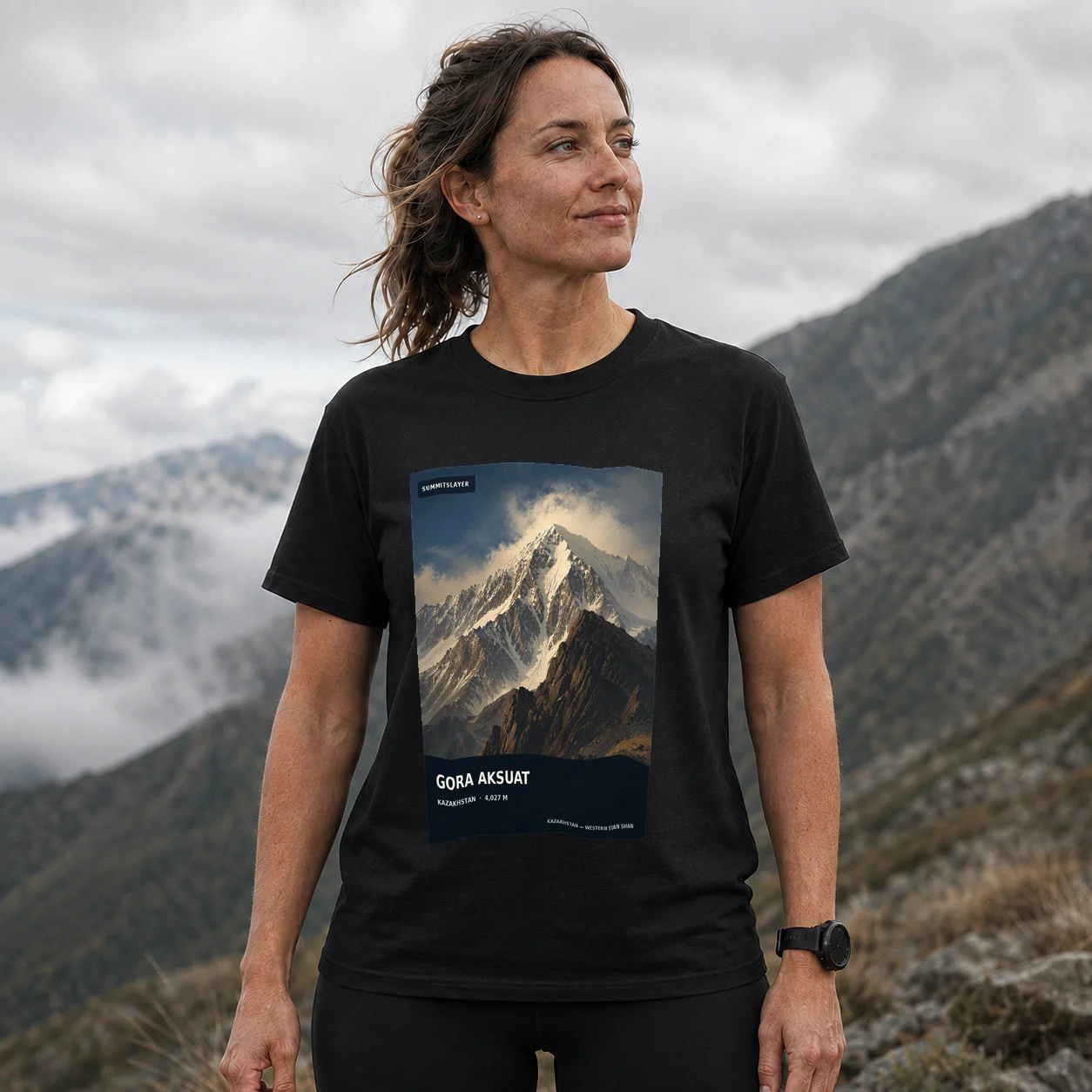 Black Gora Aksuat T-shirt front with mountain artwork
