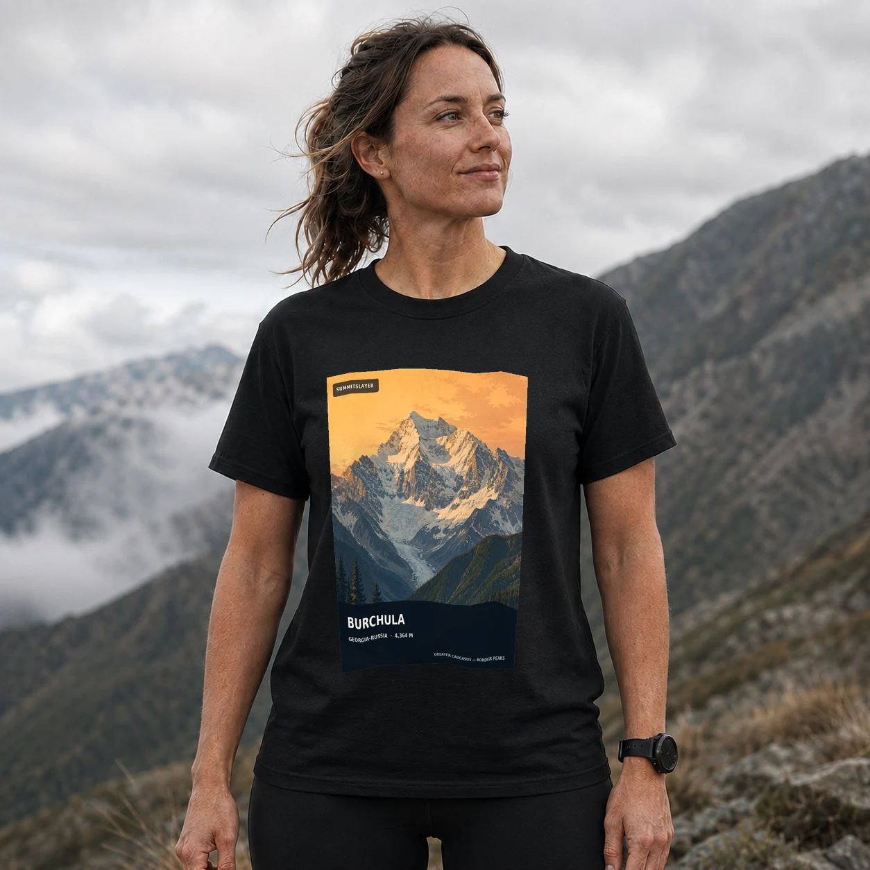 Black Gora Karaugom T-shirt front with mountain artwork