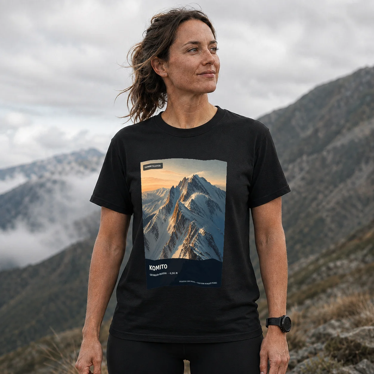 Black Gora Komito T-shirt front with mountain artwork