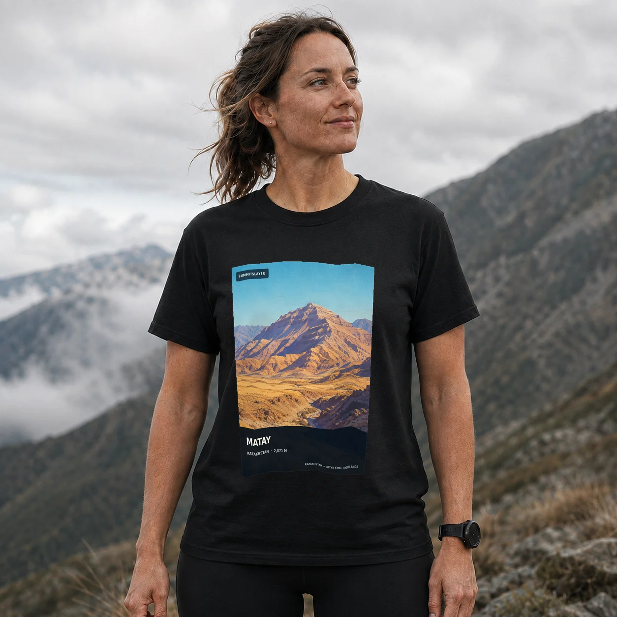 Black Gora Matay T-shirt front with mountain artwork